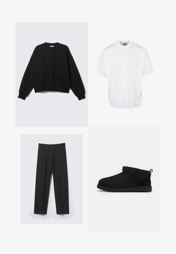 Zwarte sweatshirt met een losse pasvorm, ronde hals en lange, licht opgeblazen mouwen. Gemaakt van zacht materiaal met geribbelde boorden en zoom.; Witte katoenen t-shirt met een relaxte pasvorm, korte mouwen en een ronde halslijn, met een rechte zoom en geen zichtbare grafische afbeeldingen of patronen.; Zwarte op maat gemaakte broek met plooien aan de voorkant, zijzakken, riemlussen en knoopsluiting in de tailleband op een lichte achtergrond.; Zwarte suède enkellaarsjes met een zachte, gestructureerde voering, een lage rubberen zool en een lus aan de achterkant voor gemakkelijk aantrekken.