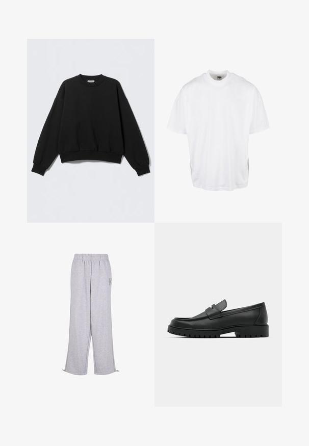 Sudadera negra con un ajuste relajado, cuello redondo y mangas largas ligeramente abullonadas. Hecha de tela suave con puños y bajo acanalados.; Camiseta de algodón blanca con un corte relajado, mangas cortas y cuello redondo, que presenta un dobladillo recto y sin gráficos ni patrones visibles.; Karl Kani Pantalones deportivos - grey; Mocasines de cuero negro con punta redonda, que cuentan con un diseño cosido, suela de plataforma baja y una suela de goma texturada y con tacos.
