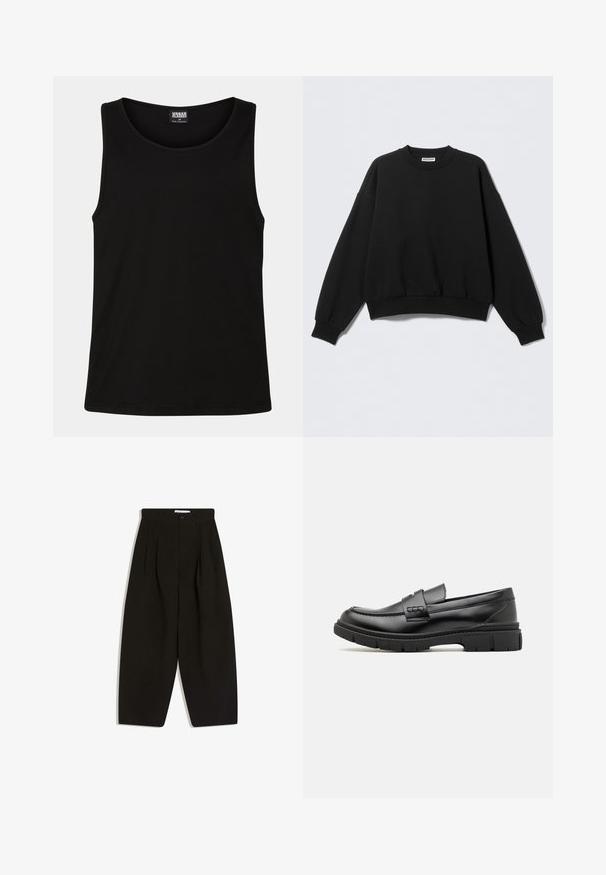 Zwarte sweatshirt met een losse pasvorm, ronde hals en lange, licht opgeblazen mouwen. Gemaakt van zacht materiaal met geribbelde boorden en zoom.; Zwarte tanktop gemaakt van zachte katoenstof. Beschikt over een ronde halslijn en ruime armsgaten, zonder zichtbare patronen of accenten.; Zwarte wijde broekspijpen gemaakt van zachte stof, met een geplooide voorkant, knoopsluiting en zijzakken voor extra functionaliteit.; Zwarte leren instapper met een brede band over de voet, rubberen zool met dikke noppen en een gladde textuur. Klassiek, strak ontwerp.
