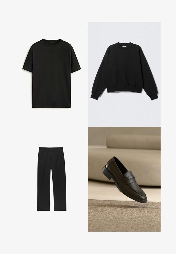 Zwarte sweatshirt met een losse pasvorm, ronde hals en lange, licht opgeblazen mouwen. Gemaakt van zacht materiaal met geribbelde boorden en zoom.; Zwarte katoenen t-shirt met een klassieke ronde hals, korte mouwen en een comfortabele pasvorm. Gladde textuur, zonder patronen of versieringen.; Zwarte broeken met een recht model, gemaakt van een gladde stof. Voorzien van een voorplooien en een enkele knoopsluiting bij de taille.; Zwarte leren loafer die rust op een beige tapijt met een gebogen beige bank op de achtergrond.