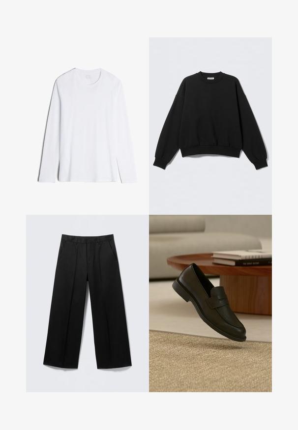 Schwarzer Pullover mit lockerer Passform, Rundhalsausschnitt und langen, leicht aufgeblasenen Ärmeln. Hergestellt aus weichem Stoff mit gerippten Bündchen und Saum.; Langärmliges, weißes T-Shirt aus weicher Baumwolle. Verfügt über einen Rundhalsausschnitt, eine gerade Passform und eine glatte Textur ohne Muster oder Akzente.; Schwarze Hosen mit weitem Bein, Gürtelschlaufen, Vordertaschen und Reißverschluss, auf einem hellgrauen Hintergrund präsentiert.; Schwarzer Lederloafer-Schuh schwebt über einem beige gewebten Teppich, mit einem Holztisch und gestapelten Büchern in einem sanft beleuchteten Wohnzimmer.