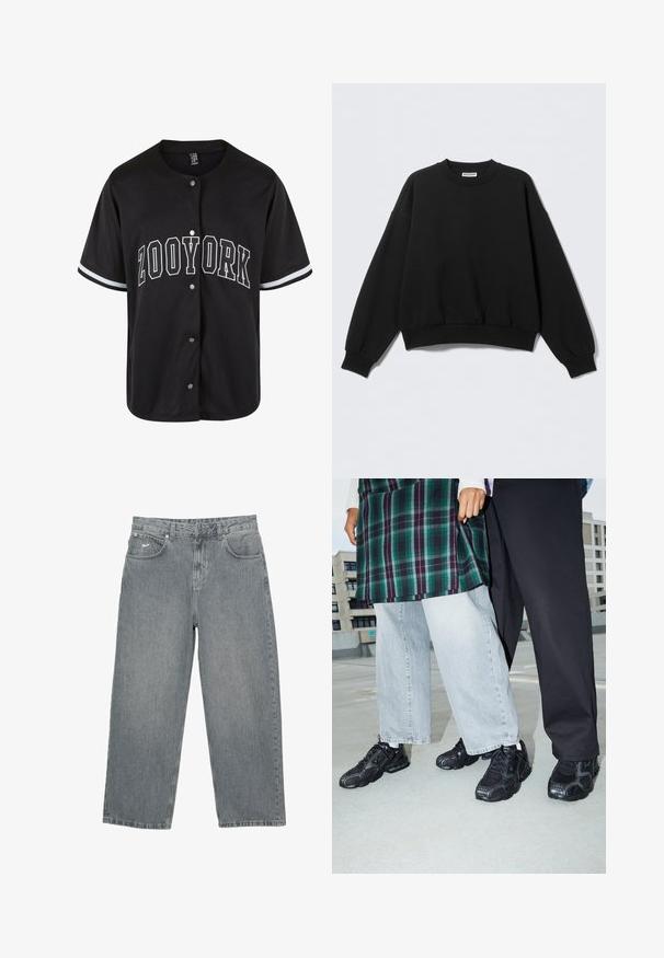 Sort sweatshirt med løs pasform, rund halsudskæring og lange, let puffede ærmer. Fremstillet af blødt stof med ribstrikkede manchetter og kant.; Sort kortærmet trøje med knaplukning, "ZOOYORK" trykt med fede hvide bogstaver, med kontraststriber i hvid på ærmerne.; Lysegrå denimbukser med lige ben, fem lommer og knappelukning. Har diskret branding på den forreste linning.; Sorte atletik sko med mesh- og gummidetaljer. Båret med lysegrå vide jeans og en ternet grøn bluse. Flad overflade i baggrunden.
