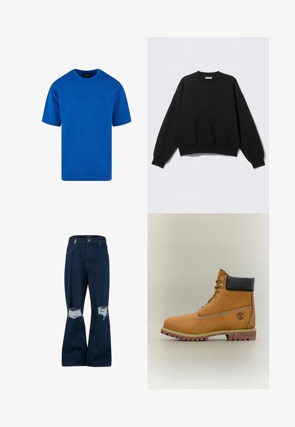 Zwarte sweatshirt met een losse pasvorm, ronde hals en lange, licht opgeblazen mouwen. Gemaakt van zacht materiaal met geribbelde boorden en zoom.; Blauw T-shirt met korte mouwen van katoen, met een klassieke ronde hals en een relaxte pasvorm. Zachte textuur zonder zichtbare patronen of accenten.; 2Y Studios ANDUIN RIPPED BAGGY - Baggy jeans - raw; Bruine leren enkellaars met zwarte kraag, gele veters en een zandkleurige zool. Voorzien van een logo en witte stikseldetails. Robuuste loopzool met grip.