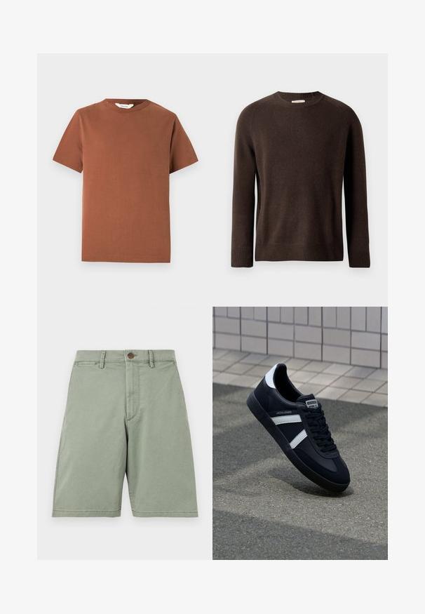 Brun langærmet crewneck sweater med ribbede manchetter og kant, vist mod en simpel lys baggrund.; Brun kortærmet t-shirt med rund hals lavet af blød bomuld, med et enkelt design uden synlige mønstre eller dekorationer.; Lysegrønne knælange shorts med knap- og lynlåslukning, bæltestropper og sidelommer, vist på en ensfarvet baggrund.; Sort lædersneaker med hvide striber, tekstureret gummisål og snørrebånd foran. Har et brandet mærke på tungen.