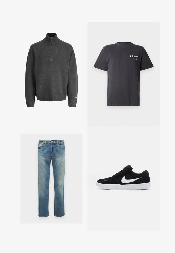 Suéter de punto color gris oscuro con cremallera frontal hasta el cuarto, puños, dobladillo y cuello acanalados, con un sutil bordado de logo en la manga.; Camiseta de algodón gris oscuro, de manga corta, cuello redondo, con texto en blanco: "20 - 07" y "MIAMI DÍAS Y NOCHES" en la parte frontal.; Jeans de mezclilla azul con un corte recto, con un lavado claro, diseño de cinco bolsillos, costuras sutiles y cierre de botón y cremallera.; Zapatillas de ante negras con acentos blancos, con una puntera redondeada, suela blanca gruesa y cordones negros. Logotipo de Nike en blanco prominente en el costado.