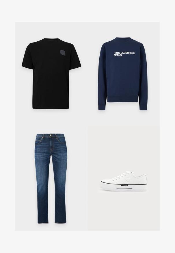 Marineblauer Pullover mit langen Ärmeln, gerippten Bündchen und Kragen, mit weißem "KARL LAGERFELD JEANS"-Logo auf der Brust.; Schwarzes Baumwoll-T-Shirt mit kurzen Ärmeln, mit einem subtilen grauen grafischen Design auf der linken Brustseite. Glatte Textur, Rundhalsausschnitt.; Dunkelblaue Denim-Jeans mit geradem Schnitt, ausgestattet mit Knopf- und Reißverschluss, fünf Taschen und kontrastierenden orangen Nähdetails.; Weißer Sneaker mit niedrigem Schaft, dicker Sohle, vorne Schnürung, schwarzem Streifendetail und Karl Lagerfeld Logo an der Seite und Fersenlasche.