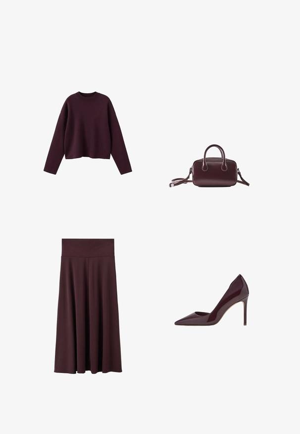 Bordeauxkleurige gebreide trui met een cropped ontwerp, geribbelde ronde halslijn en lange mouwen. Zachte textuur en relaxte pasvorm, met minimale details.; Marsala midi-rok gemaakt van zachte stof met een brede, elastische tailleband. Heeft een vloeiend ontwerp dat licht taps toeloopt naar de zoom.; Bordeaux patentleren hoge hakpumps, ontwerp met spitse neus, slanke silhouet en stilettohak. Gladde textuur met glanzende afwerking.; Kleine donkerbruine leren handtas met dubbele handvatten en een afneembare schouderriem op een witte achtergrond.