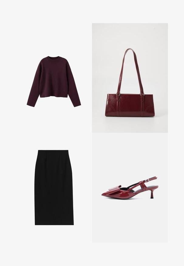 Bourgognefarvet strikket sweater med cropped design, ribbet rund halsudskæring og lange ærmer. Blød tekstur og afslappet pasform, minimal detaljering.; Sort blyantskørt med en glat tekstur, skræddersyet pasform og lodrette læg ved taljen, designet til en elegant silhuet.; Rød lakeret læderslingback med kitten heel, spids tå og stort bånddetalje på overdelen mod hvid baggrund.; Bordeaux håndtaske lavet af glansfuldt materiale, rektangulær form, med to skulderremme og subtile buede detaljer på forsiden.