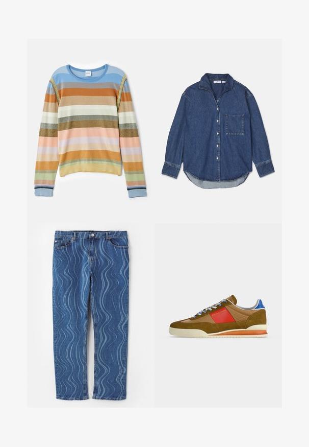 Pull en tricot rayé bleu, orange, vert et en teintes pastel. Présente une texture côtelée, un col rond et des accents décoratifs sur les manches.; Chemise en denim bleu foncé avec un col, fermeture à boutons, poche poitrine unique et manches longues avec un ourlet arrondi. Texture douce.; Jeans en denim bleu avec un motif ondulé bleu clair, coupe droite, fermeture à bouton et détails cousus sur les poches.; Baskets marron et beige avec un panneau latéral rouge, un talon bleu, des lacets blancs et bleus, une semelle beige, et le marquage « PS Paul Smith » sur le côté et la semelle.