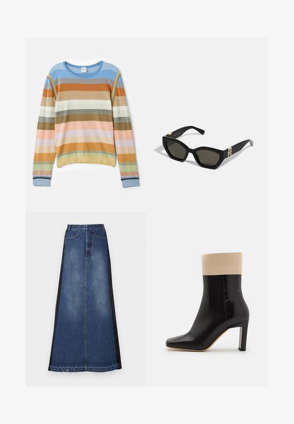 Strikket sweater med striber i blå, orange, grøn og pastelfarver. Har ribbet tekstur, rund halsudskæring og dekorative detaljer på ærmerne.; Maxi nederdel i denim med en blå hovedfarve og sorte sidepaneler, lige pasform, frynset kant og klassisk femlomme-design.; Sorte læderankelstøvler med en cremefarvet accent øverst, spids tå og en høj hæl med sølvaccent. Glat tekstur uden synlige mønstre.; Tommy Hilfiger Solbriller - black