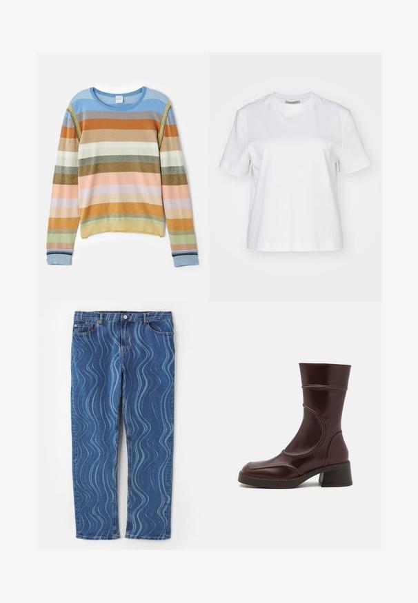 Gestreifter Strickpullover in Blau, Orange, Grün und Pastellfarben. Mit gerippter Textur, rundem Ausschnitt und dekorativen Akzenten an den Ärmeln.; AllSaints LISA TEE - T-Shirt basic - white; Blaue Jeans aus Denim mit einem gewellten hellblauen Muster, geradem Beinausschnitt, Knopfverschluss und gestickten Details an den Taschen.; MIISTA MALENE - Stiefelette - brown