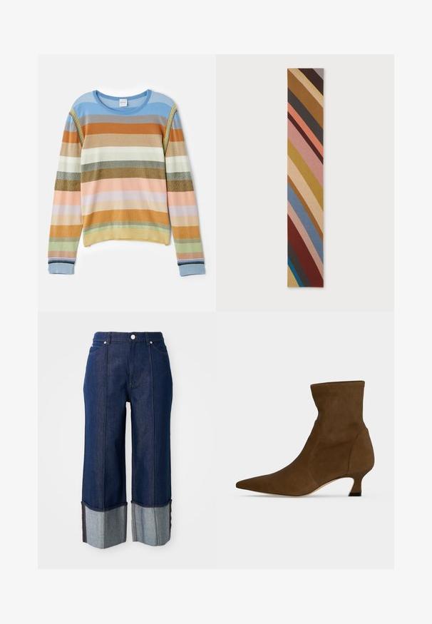 Strikket sweater med striber i blå, orange, grøn og pastelfarver. Har ribbet tekstur, rund halsudskæring og dekorative detaljer på ærmerne.; Mørkeblå bukser med vid benvidde og foldede manchetter, der viser lysere denim indeni, med en knap fortil og lommer på en hvid baggrund.; Brun ankelstøvle med spids tå og lav kitten hæl, lavet af glat materiale, vist mod en ensfarvet baggrund.; Lang, smal tørklæde med diagonale striber i afdæmpede farver inklusive brun, pink, blå, sennep og beige på en lys baggrund.