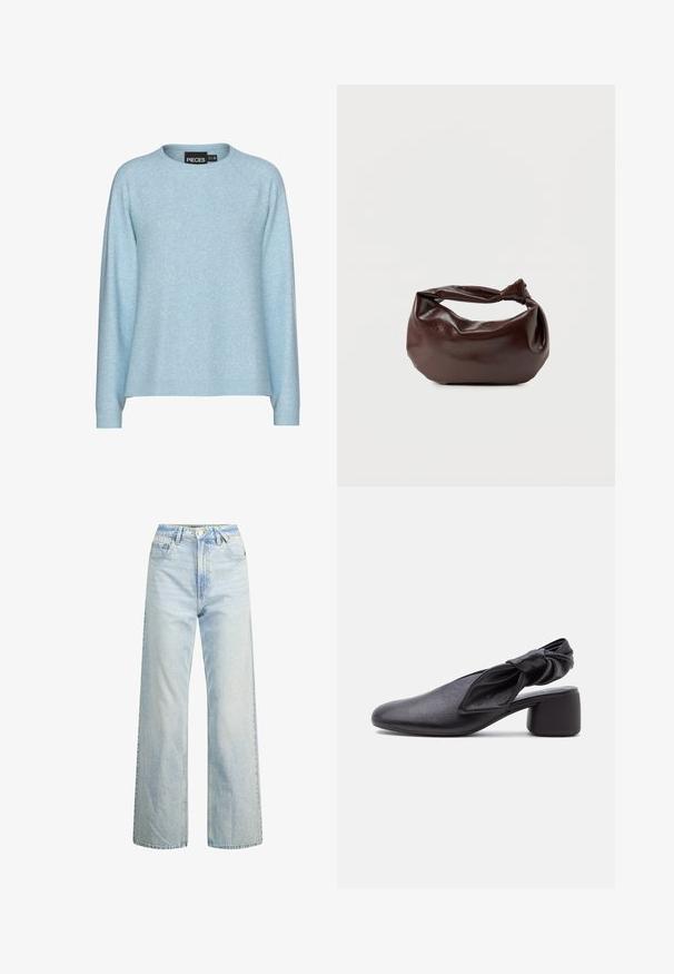 Lichtblauwe trui met een ronde hals, lange raglanmouwen en geribbelde manchetten. Gemaakt van zacht materiaal met een subtiele textuur.; Lichtgekleurde denim wijde jeans met hoge taille, klassieke vijf-pocketontwerp en contrasterende stiksels. Rechte pijp en rafelige zoom.; Zwarte leren slingback met een afgeronde neus, een geknoopt banddetail en een lage blokhak op een witte achtergrond.; Donkerbruine leren schoudertas met een zachte, slungelige vorm en een gedraaide knoopvormige handgreep op een effen witte achtergrond.
