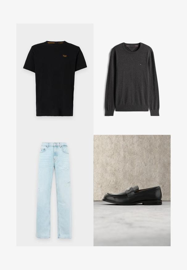 Pull gris foncé à manches longues avec col rond, poignets et ourlets côtelés, présentant un petit logo rectangulaire sur la poitrine gauche.; T-shirt en coton noir à manches courtes, col rond, avec une petite étiquette de marque jaune contrastante sur la zone du côté gauche de la poitrine.; Jeans taille haute droits bleu clair avec un léger effet déchire sur les cuisses et un design classique à cinq poches.; Mocassin en cuir noir avec une plaque de marque en métal reposant près d'une table ronde marron sur un sol recouvert de moquette beige.