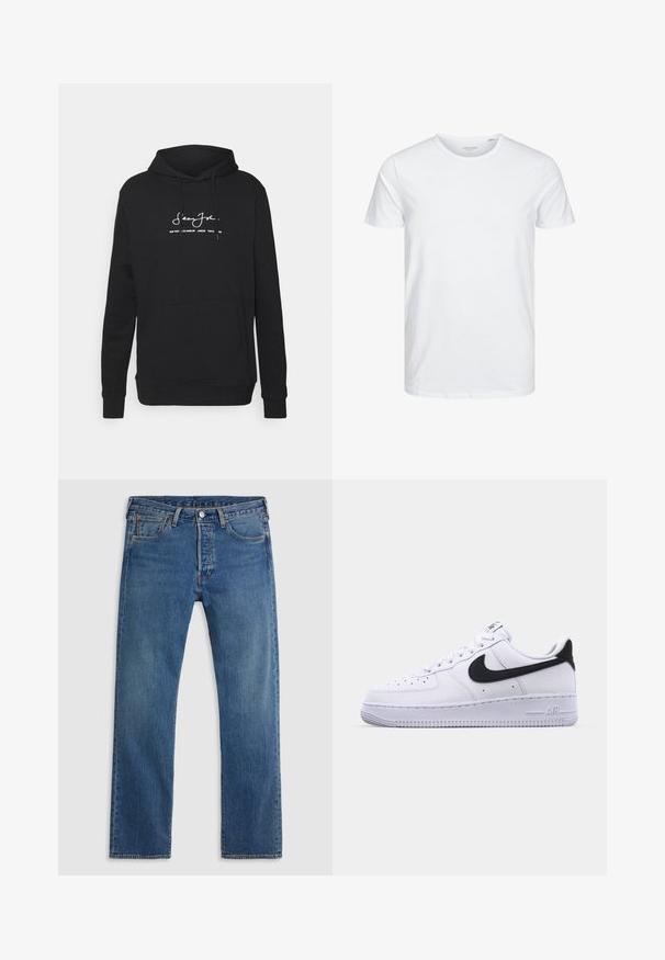 Sean John CLASSIC LOGO ESSENTIAL HOODIE - Sudadera - black; Camiseta de manga corta y cuello redondo en blanco sólido, fabricada en algodón suave, presenta un diseño simple sin patrones ni acentos visibles.; Vaqueros de mezclilla azul de pierna recta con cinco bolsillos, presillas para el cinturón y un cierre frontal con botón y cremallera sobre un fondo liso.; Zapatilla blanca de cuero con un Swoosh negro texturizado, cordones planos y una suela de goma con un patrón estriado. "AIR" está grabado en el talón.