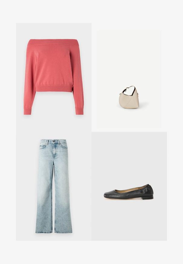 Pull corail à épaules dénudées avec des manches longues, col et poignets côtelés, et une taille ajustée. Tissu doux et texturé.; Jean large bleu clair en denim, avec taille haute, ourlet court et une texture douce avec des détails décolorés.; Ballerines en cuir noir avec un bout arrondi et des coutures minimales. Talon bas et rectangulaire avec une texture lisse. Détails subtils de doublure intérieure.; Sac à main en cuir beige en forme de croissant avec une seule bandoulière et des coutures minimalistes, posé sur un fond blanc uni.