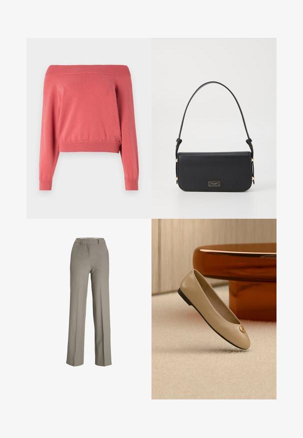 Koral off-the-shoulder sweater med lange ærmer, ribbet halskant og manchetter, samt en tætsiddende talje. Blødt, struktureret stof.; Lys grå, brede bukser lavet af et glat stof med en skræddersyet talje, frontfolder og sidelommer.; Beige læder balletflat med sort sål og guldemblem på tåen, placeret på cremefarvet tæppe ved siden af afrundet ravfarvet møbel.; Sort læder håndtaske med et strømlinet design, rektangulær form og et enkelt håndtag. Har guldfarvet hardware og logo detaljer.