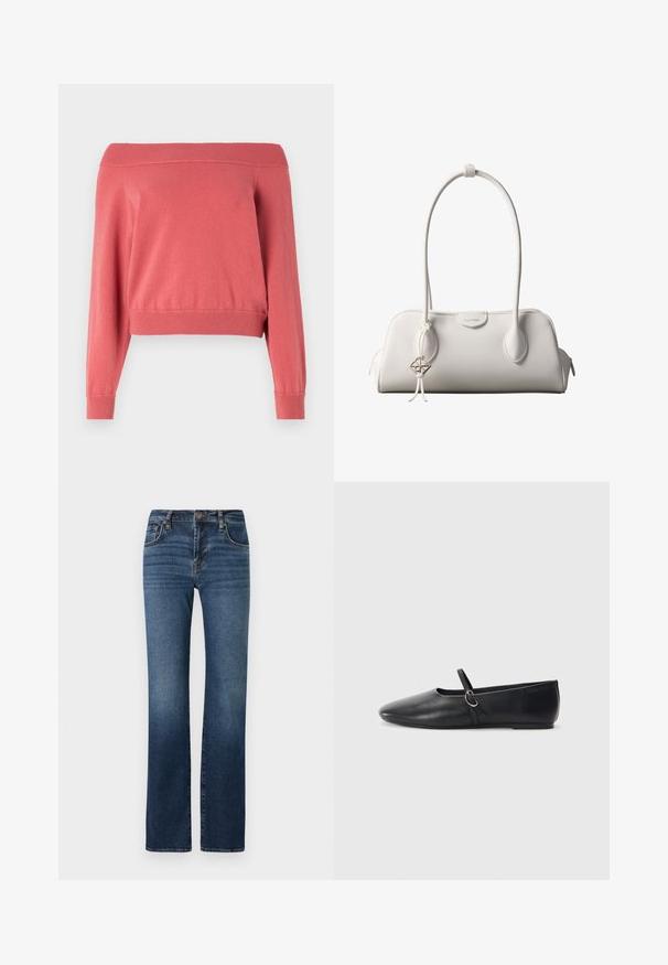 Korallefarbenes Off-Shoulder-Pullover mit langen Ärmeln, geripptem Ausschnitt und Bündchen sowie engem Taillenbund. Weicher, strukturierten Stoff.; Dunkelblaue Denim-Jeans mit einem geraden Bein-Design, hoher Taille, dezentem Verblassen, fünf Taschen und Metallknopfverschluss.; Schwarze Leder-Ballettschuhe mit spitzem Schuhzeug, flacher Sohle und einem kleinen Riemen mit silberner Schnalle.; Weiße Calvin Klein Schultertasche mit langen Griffen, rechteckiger Form, Reißverschluss und dekorativem Logo-Anhänger, der in der Nähe des Griffs hängt.