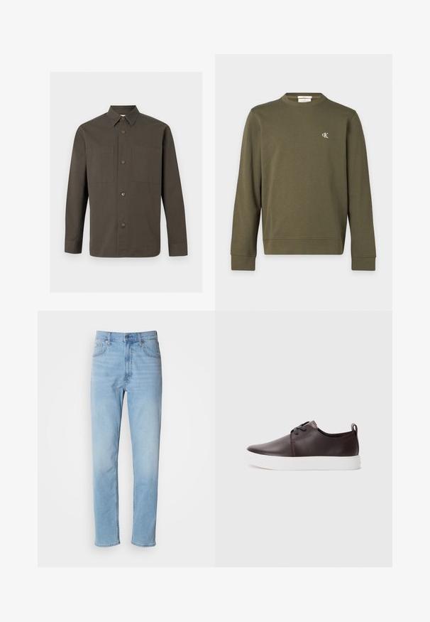 Sweat-shirt vert olive à manches longues, col rond avec petit logo blanc "cK" sur la poitrine gauche.; Chemise boutonnée à manches longues vert olive foncé avec col pointu et deux poches poitrine sur fond gris clair.; Jean en denim bleu clair avec une coupe droite, cinq poches et passants de ceinture. Le tissu présente une texture lisse avec un léger effet dégradé.; Baskets en cuir marron avec une finition lisse, semelle en caoutchouc blanche, bout rond et design à lacets. Comprend une languette au niveau du talon.