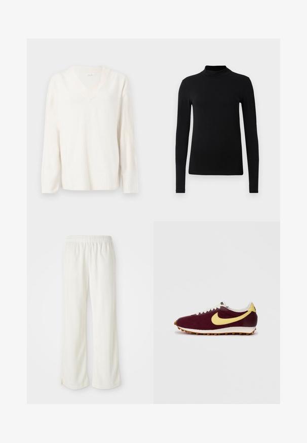 Pull over blanc à col en V fait en tissu tricoté doux, avec des manches longues dotées de poignets côtelés et un ourlet côtelé. Design minimaliste sans motifs.; Chemise à col roulé noir à manches longues en tissu lisse ; design ajusté avec un col haut et sans coutures visibles. Couleur unie et simple.; Pantalon de couleur crème avec une coupe large, fabriqué en matériau léger, arborant des rayures verticales et une taille élastique.; Baskets bordeaux avec un swoosh jaune, des lacets blancs et un dessus en tissu texturé. Semelle en gomme avec un motif strié. Design classique de chaussures de course.