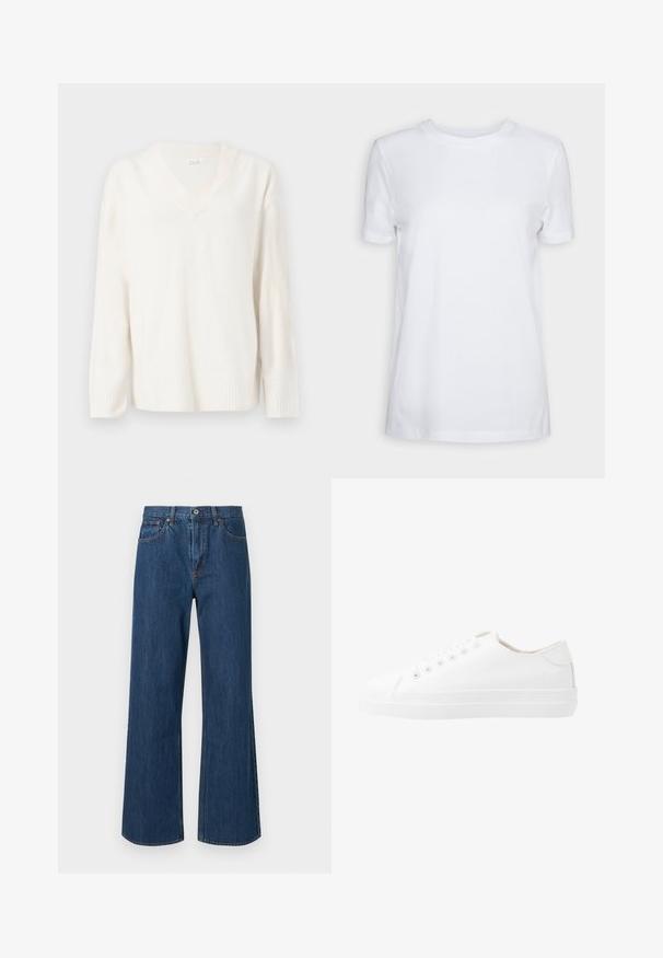 Hvid v-hals sweater lavet af blødt strikket stof, med lange ærmer med ribbede manchetter og en ribbet kant. Minimalistisk design uden mønstre.; Simpel hvid T-shirt med korte ærmer og rund hals, normal pasform og et lille indvendigt mærke på nakken med teksten "SELECTED FEMME."; Bredde denimjeans i mellemblå, med høj talje, frontlommer og subtile stikninger. Glat tekstur med afrundede bundkanter.; Hvide kanvas sneakers med lavt design, rund tå, seks snørehuller og en struktureret gummisål. Glat materiale med minimale detaljer.