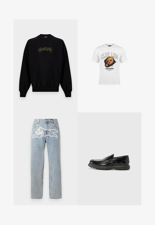 Zwart sweatshirt met lange mouwen en ronde hals, met kleine neongele grafische tekst in het midden van de borst.; Wit T-shirt met afbeelding van een teddybeer gezicht met doorgekruiste ogen en tekst met "CLSR LDN" en "worldwide" eronder.; Lichtblauwe denim jeans met een rechte snit, met een groot wit grafisch ontwerp van een kat op de achterkant. Klassiek vijfzakken ontwerp.; Zwarte leren instapper met een glanzende afwerking, een ronde neus, subtiele stiksels en een dikke rubberen zool voor duurzaamheid.