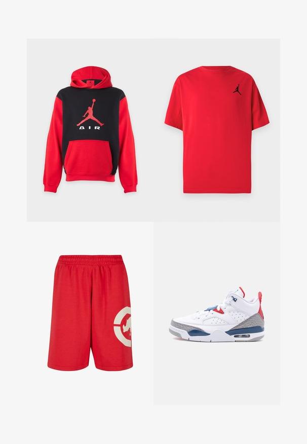 Rød og sort hættetrøje med kængurulomme og stort rødt Jumpman-logo og "AIR"-tekst på brystet.; Rød t-shirt i bomuld med korte ærmer og en sort silhuetlogo på venstre bryst. Rund hals med afslappet pasform.; Røde bomuldsshorts med elastisk talje, prydet med et stort hvidt grafisk design på venstre ben og en glat overflade.; Hvid højtop sneaker med blå og røde accenter, grå mønstrede overlays, synlig luftpolstret sål og hvide snørebånd på en ensfarvet baggrund.