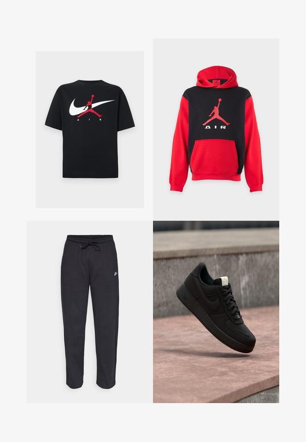 Sweat à capuche rouge et noir avec une poche kangourou et un grand logo Jumpman rouge ainsi que le texte « AIR » sur la poitrine.; T-shirt en coton noir à col rond, avec un grand logo Nike swoosh blanc et un logo Jumpman rouge accompagné du texte "AIR" en blanc.; Pantalons de survêtement noirs en tissu doux, avec une taille élastique, un cordon de serrage et un petit logo Nike sur la cuisse gauche.; Baskets Nike Air Force 1 noires flottant au-dessus d’un rebord en béton rose avec un fond en pierre grise, montrant des détails latéraux et supérieurs.