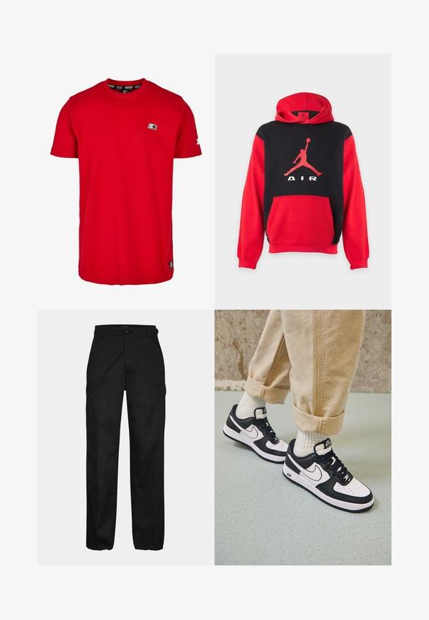Rood-zwarte capuchontrui met een kangoeroezak en een groot rood Jumpman-logo met de tekst "AIR" op de borst.; Rode katoenen t-shirt met een ronde hals, korte mouwen en een klein zwart logo op de linkerborst en mouw. Glad, effen kleurstof.; Zwarte cargobroek met een rechte pasvorm, voorzien van zijzakken, een knoopsluiting en elastische boorden bij de enkels. Gemaakt van duurzaam materiaal.; Zwart-witte Nike Air Force 1 sneakers met een leren bovenwerk, geperforeerde neus en gestructureerde zooldetails, gedragen met opgerolde beige broek en witte sokken.