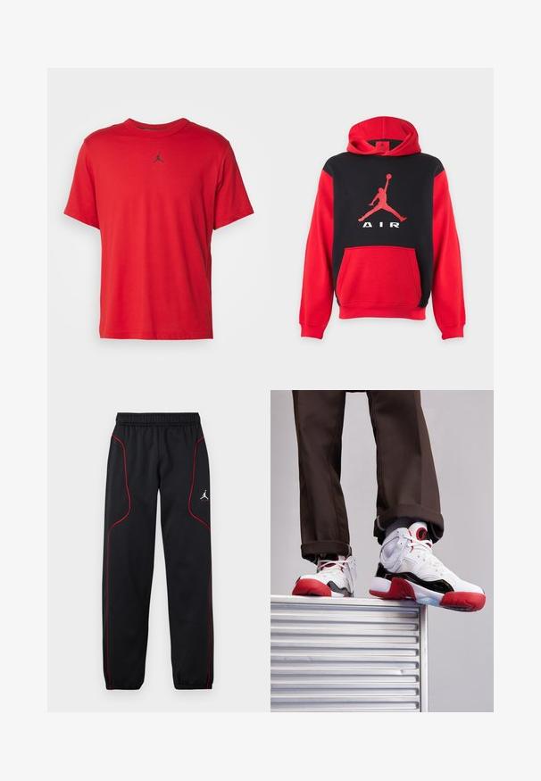 Červeno-čierna mikina s kapucňou, klokankovým vreckom a veľkým červeným logom Jumpman a textom „AIR“ na hrudi.; Červené bavlnené tričko s krátkym rukávom, okrúhlym výstrihom a malým čiernym logom Jordan na hrudi, s rovnou dolnou líniou.; Čierne športové nohavice s červeným pásikom, elastickým pásom a manžetami a malým bielym logom Jumpman na pravom stehne.; Biele a čierne športové topánky s červenými akcentmi. Obsahujú sieťovinový a kožený materiál, zaoblenú špičku a textúrovanú gumovú podrážku.