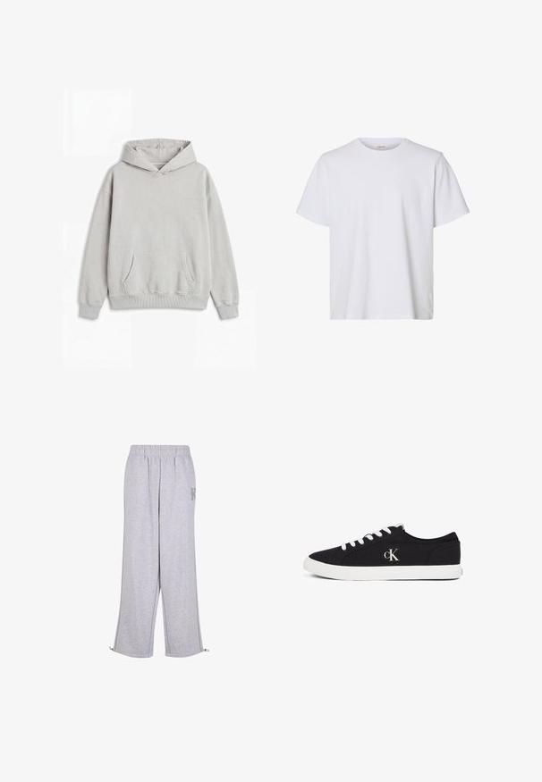 Sweat à capuche gris clair avec poche kangourou à l’avant, poignets et ourlet côtelés, et petit logo brodé sur la poitrine.; T-shirt blanc uni à manches courtes, col rond, coupe régulière et texture de tissu lisse, présenté sur fond blanc.; Karl Kani Pantalon de survêtement - grey; Baskets basses noires avec lacets blancs et semelle blanche, portant le logo "cK" sur le côté, présentées sur un fond blanc.