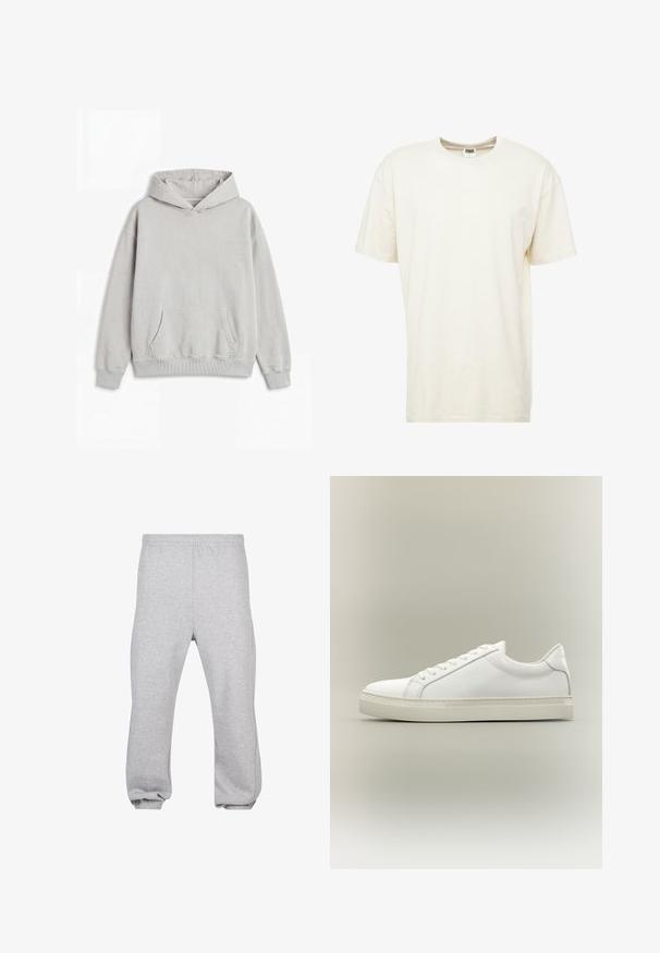 Sweat à capuche gris clair avec poche kangourou à l’avant, poignets et ourlet côtelés, et petit logo brodé sur la poitrine.; T-shirt à manches courtes et col rond de couleur crème clair. Fabriqué en coton doux avec une coupe décontractée et des coutures minimales.; Pantalon de jogging en coton gris clair avec taille élastique et poignets aux chevilles, présenté à plat sur fond blanc.; Baskets blanches basses à lacets sur l’avant et semelle épaisse, vues de côté sur un fond neutre.