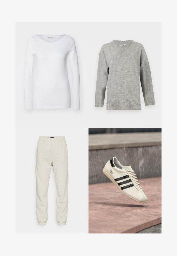 Lichtgrijze lange mouwen V-hals trui met geribde manchetten en zoom, weergegeven op een effen witte achtergrond.; Witte longsleeve top met een ronde hals. Gemaakt van zachte, gestructureerde stof. Heeft een relaxte pasvorm en naadloze manchetten.; Crème-kleurige joggingsbroek van zacht materiaal, met een elastische tailleband, zijzakken en boorden bij de enkels.; Witte Adidas sneaker met zwarte strepen en beige zool, zwevend boven een rozeachtig betonnen oppervlak en een grijze stenen achtergrond.