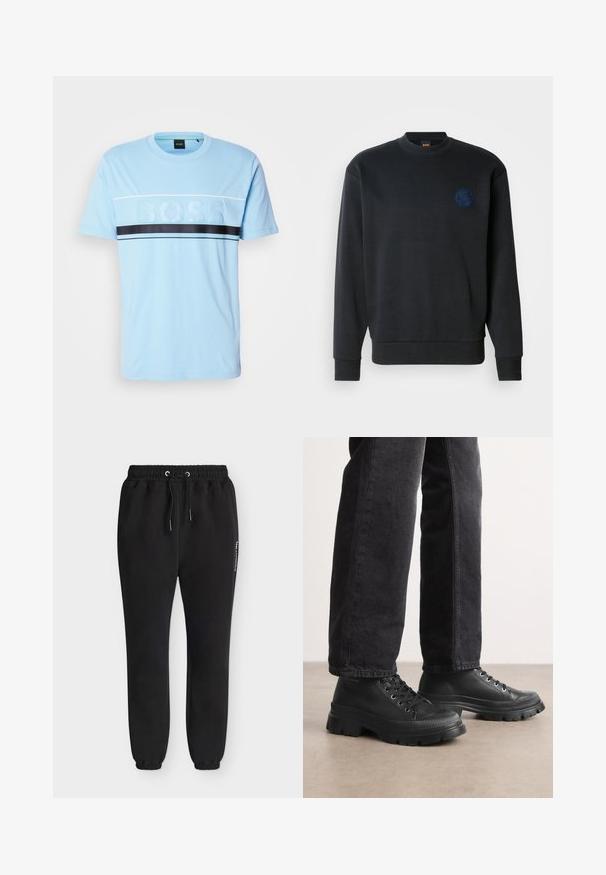 Sort sweatshirt lavet af bomuldsblandet stof. Har rund hals, lange ærmer, ribbede manchetter og en mørkeblå broderet logo på brystet.; Lyseblå bomulds t-shirt med rund hals, der har et tekstureret "BOSS" logo i midten og en sort vandret stribe tværs over brystet.; Sorte joggerbukser med elastisk talje og manchetter, snor foran og et lille hvidt lodret logo på højre lår.; Sorte snørebåndssko med en chunky, struktureret sål og glat overdel. Har metaløjer og en ribbet detalje rundt om tåen.