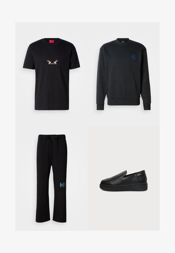 Sort sweatshirt lavet af bomuldsblandet stof. Har rund hals, lange ærmer, ribbede manchetter og en mørkeblå broderet logo på brystet.; Sort bomulds T-shirt med et frontgrafik, der viser ordet "HUGO" samt to stiliserede fugledesigns i lyse og mørke farver.; Sorte træningsbukser med snøre i taljen, der har et vidt bendesign og turkis "HUGO"-tekst på venstre ben. Blød stofstruktur.; Sort læder slip-on sko med tyk sål og små sideventilationshuller, med gulddetalje "HUGO" logo nær hælen.