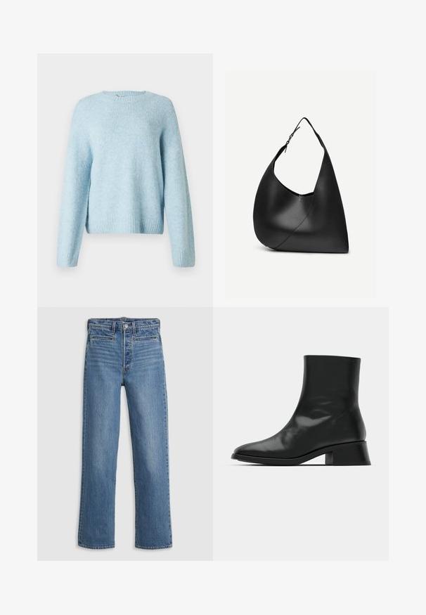 Lyseblå strikket sweater med rund halsudskæring, lange ærmer og ribbede manchetter. Blød tekstur og afslappet pasform.; Lys blå, lige ben jeans lavet af denim. Funktioner inkluderer en knaplukning, fem lommer og diskret slid. Ingen udsmykninger eller mønstre.; Sort ankelstøvle lavet af blank læder, med et strømlinet design, spids tå og en moderat blokhælhøjde for stabilitet.; Sort læder skuldertaske med buet trekantet form, enkelt justerbart rem og synlig diagonal søm foran.