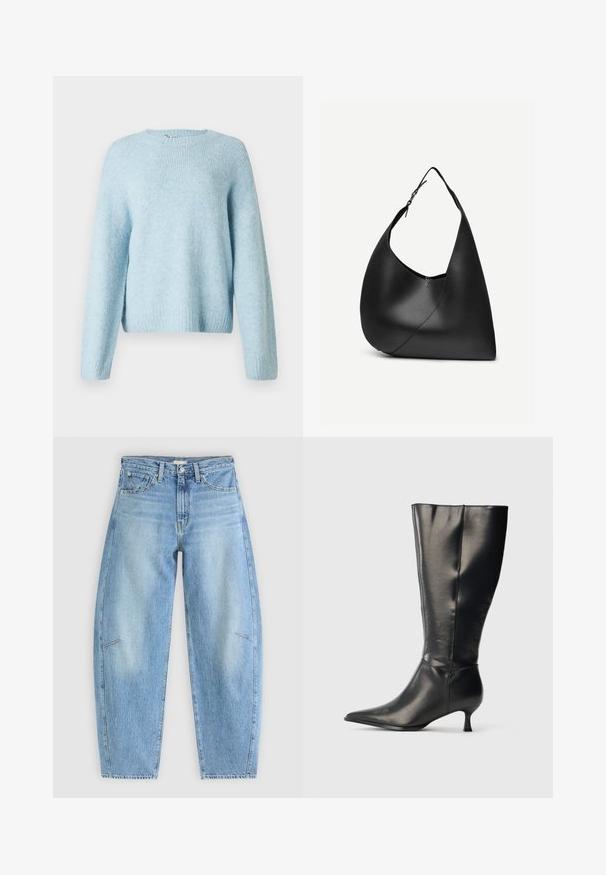 Lichtblauwe gebreide trui met een ronde halslijn, lange mouwen en geribde manchetten. Zachte textuur en een relaxte pasvorm.; Lichtblauwe denim jeans met een relaxte pasvorm, met een hoge taille, rechte pijpen en subtiele stiksels op de voorzakken.; Zwarte leren kniehoge laars met puntige neus en lage kittenhak, weergegeven op een effen lichte achtergrond.; Zwarte leren schoudertas met gebogen driehoekige vorm, enkele verstelbare riem en zichtbare diagonale naad aan de voorkant.