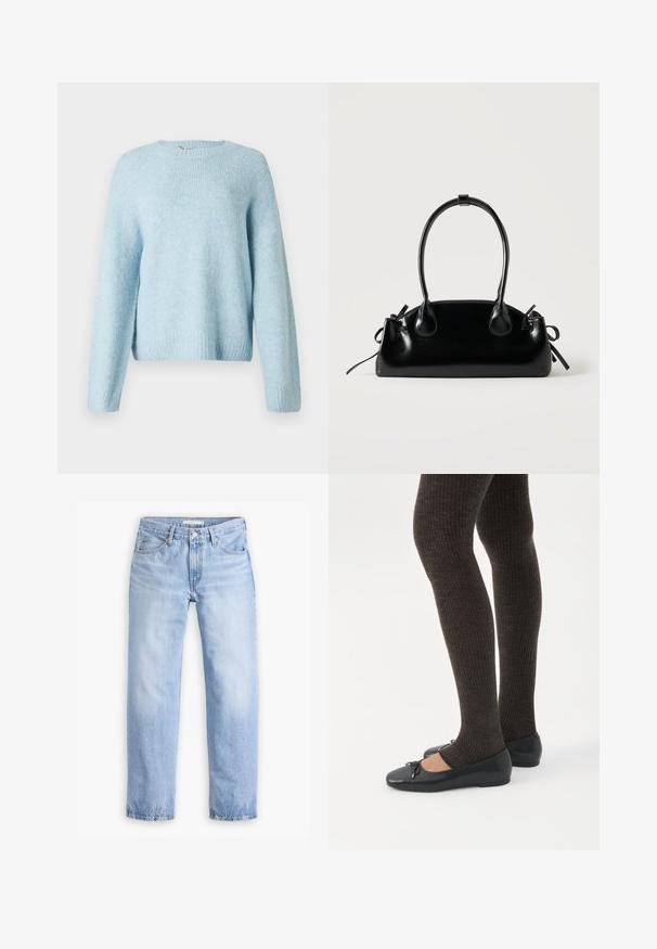 Lyseblå strikket sweater med rund halsudskæring, lange ærmer og ribbede manchetter. Blød tekstur og afslappet pasform.; Lyseblå denimjeans med en lige ben-design, fem lommer og en mellemhøj talje. Har en falmet struktur og håndsyet kant.; Ben iført mørke ribbede leggings kombineret med sorte balletsko med små sløjfedetaljer på hvid baggrund.; Lille sort blank håndtaske med to lange håndtag og snøre-detaljer i siden på en ensfarvet lys baggrund.