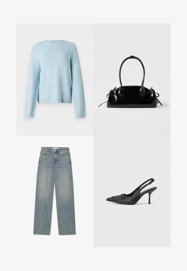Helles blaues Strickpullover mit rundem Halsausschnitt, langen Ärmeln und gerippten Bündchen. Weiche Struktur und lässige Passform.; Helle blaue, hochgeschnittene, gerade geschnittene Jeans aus Denim mit Fronttaschen, Gürtelschlaufen sowie sichtbarem Knopf- und Reißverschluss.; Schwarzer Leder-Slingback-Stiletto mit spitzem Zehenaufsatz, seitlichem Schnallenriemen, Nieten entlang der Kante und dekorativer Schnürung vorne.; Kleine schwarze glänzende Handtasche mit zwei langen Griffen und seitlichen Kordelzug-Details vor einfachem hellem Hintergrund.