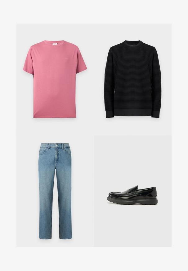 Pull noir à manches longues avec col ras du cou, texture côtelée horizontale et poignets ajustés, présenté sur un fond gris clair uni.; T-shirt rose uni en coton à manches courtes avec col rond et logo discret sur la poitrine gauche, présenté sur un fond blanc.; Jean en denim bleu clair à coupe droite, avec cinq poches et une fermeture par bouton à la taille. Détails de couture le long des coutures.; Mocassin en cuir noir avec une finition brillante, bout arrondi, détails de couture subtils et semelle en caoutchouc épaisse pour la durabilité.
