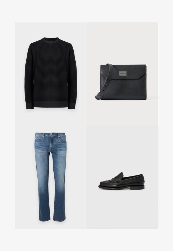 Pull noir à manches longues avec col ras du cou, texture côtelée horizontale et poignets ajustés, présenté sur un fond gris clair uni.; Jean bleu délavé pour homme, coupe droite, avec fermeture à boutons et zip à l'avant, poches avant et arrière, présenté sur fond blanc.; Mocassin en cuir noir avec un détail tissé à l'avant, bout arrondi et petit talon. Texture lisse et design minimaliste.; Sac bandoulière en cuir noir texturé avec sangle réglable et plaque logo métallique à l'avant, fermeture à rabat rectangulaire de style enveloppe.