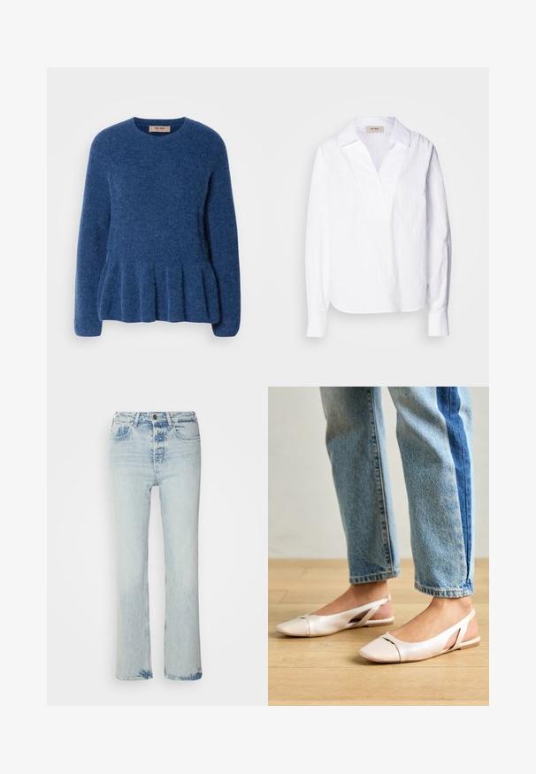 Blå strikket sweater med rund hals, lange ærmer og en udskåret kant. Fremstillet af blødt, tekstureret stof med et afslappet design.; Hvid langærmet skjorte lavet af letvægts tekstureret stof, med V-hals, oversize krave og subtile lodrette striber.; Lyseblå denimjeans med lige ben, høj talje, fem lommer og knaplukning. Affadet vask med subtile slidte detaljer.; Lyserøde slingback flade sko med spidse tær, lavet af et glat læderlignende materiale. Har udskæringsdetaljer på siderne og en flad hæl.