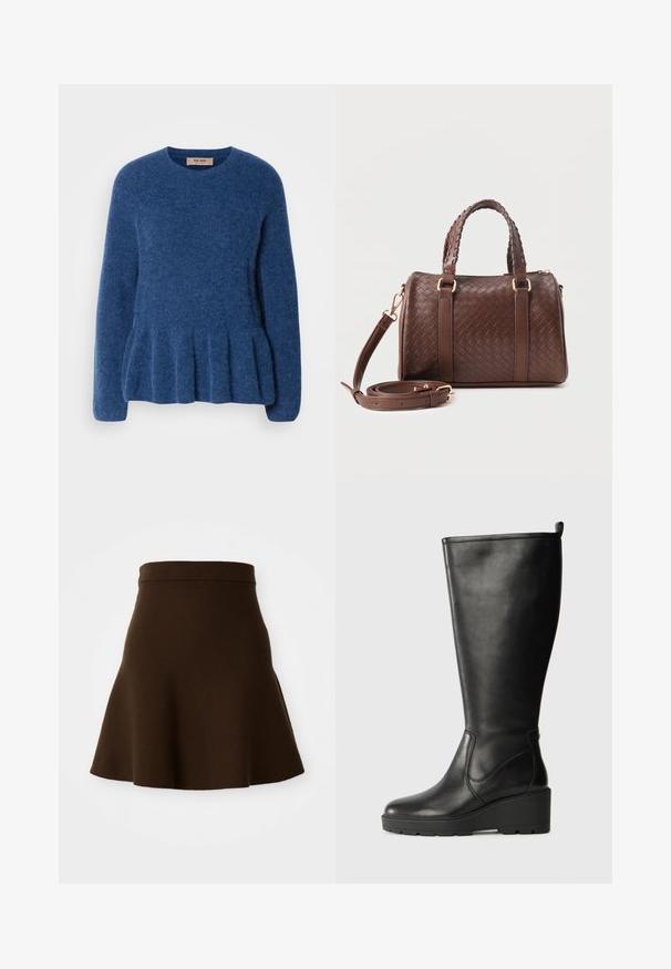 Blå strikket sweater med rund hals, lange ærmer og en udskåret kant. Fremstillet af blødt, tekstureret stof med et afslappet design.; Brun udvidet nederdel lavet af et blødt stof med en glat tekstur. Har en tætsiddende talje og et knælangt design, uden synlige mønstre.; Sorte læder knæhøje støvler med vadesål, glat tekstur, sømløs design og en lille trækflap øverst for nem påtagning.; Mørkebrun flettet læderhåndtaske med to fletninger som håndtag, gyldent metalbeslag og aftagelig skulderrem, der er snoet foran.