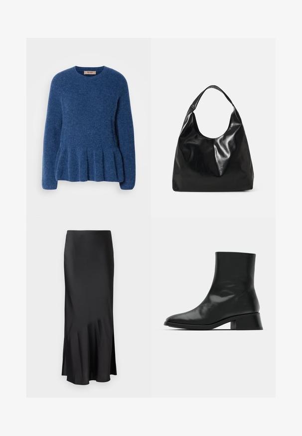 Blå strikket sweater med rund hals, lange ærmer og en udskåret kant. Fremstillet af blødt, tekstureret stof med et afslappet design.; Sort satin midi-skirt med et elegant design, der har en let flared kant og en sideslids for nem bevægelse. Glat tekstur.; Sort ankelstøvle lavet af blank læder, med et strømlinet design, spids tå og en moderat blokhælhøjde for stabilitet.; Sort læder hobo taske med en blød, skinnende tekstur og en rund, åben top. Har en bred, buet strop til bæring. Ingen synlig hardware.