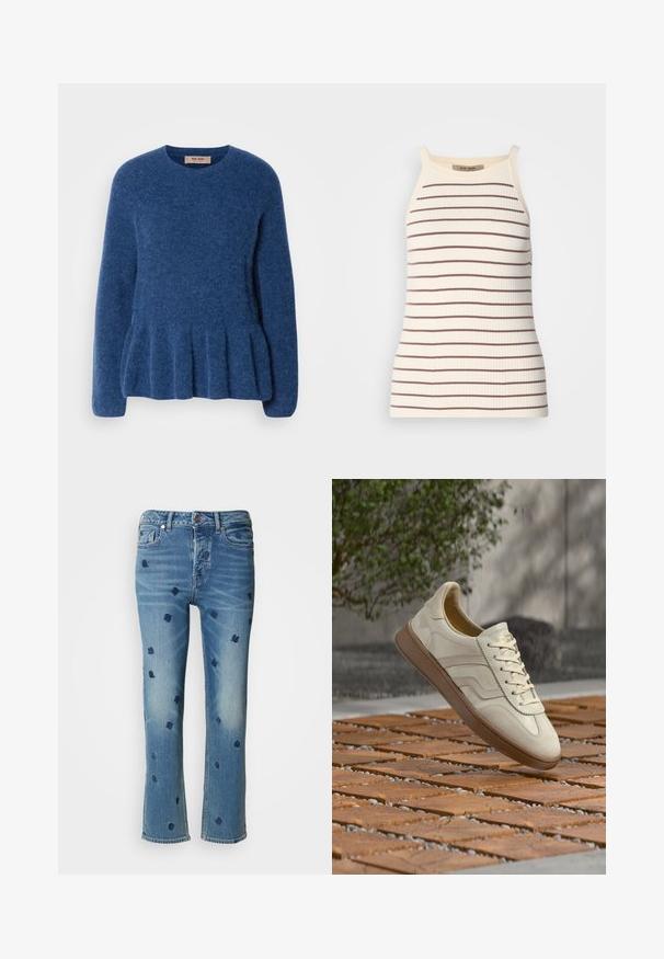 Blå strikket sweater med rund hals, lange ærmer og en udskåret kant. Fremstillet af blødt, tekstureret stof med et afslappet design.; Ribbet tanktop i creme med vandrette brune striber. Har brede stropper og en tætsiddende silhuet. Etiketten er synlig ved halsudskæringen.; Lysblå denimjeans med lige ben, prydet med marineblå blomsterbroderi og slitageeffekter nær lommerne og kanten.; Sneakers i cremefarve med en struktureret beige gummisål, snøredesign og diskret brand på siden. Overdel i glat læder.