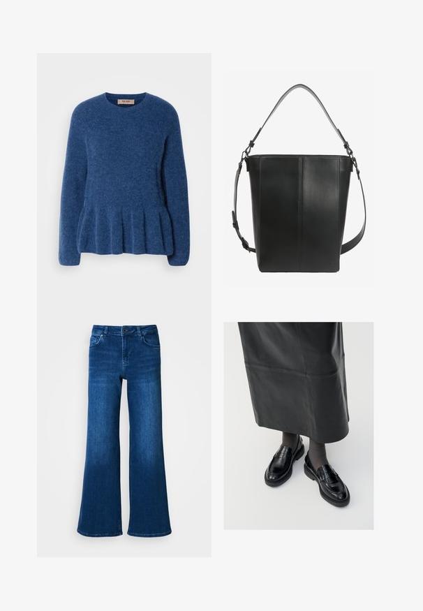 Pull en tricot bleu avec un col rond, des manches longues et un ourlet évasé. Fabriqué en tissu doux et texturé avec un design décontracté.; Jean en denim bleu à jambe large avec taille haute, doté de cinq poches, fermeture à bouton et à zip, et d'une texture lisse et uniforme.; Mocassins en cuir noir avec une finition lisse, ornés d'une bande décorative, à bout rond et avec une semelle texturée. Portés avec une longue jupe en cuir noir.; Sac seau en cuir noir avec deux bretelles réglables et des détails de couture minimalistes sur un fond uni.