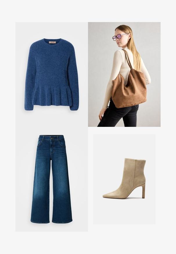 Blå strikket sweater med rund hals, lange ærmer og en udskåret kant. Fremstillet af blødt, tekstureret stof med et afslappet design.; Viddejeans lavet af mørkeblå denim. Har høj talje, knaplukning og klassisk fem-lomme design med subtile falme.; Zign by Zalando Højhælede støvletter - beige; Brun ruskind tote taske med blød tekstur, stor åbning og lange stropper. Har et enkelt design med synlige syninger og ingen hardware.