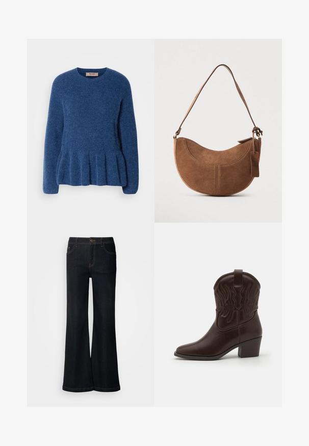 Blauwe gebreide trui met een ronde hals, lange mouwen en een uitlopende zoom. Gemaakt van zachte, gestructureerde stof met een casual ontwerp.; Mos Mosh MMDARA DELUXE JEANS - Relaxed fit jeans - dark blue; Bruine leren cowboylaarzen met spitse neuzen, geperste vleugelpatronen, een blokhak van gemiddelde hoogte en een lus aan de achterkant.; Bruine suède handtas met een gebogen, halve maanvorm. Voorzien van een schouderriem, een klein label en zichtbare stiksels langs de randen.