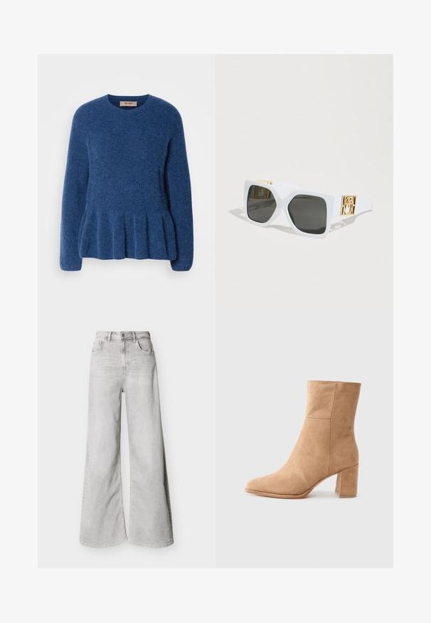 Blauwe gebreide trui met een ronde hals, lange mouwen en een uitlopende zoom. Gemaakt van zachte, gestructureerde stof met een casual ontwerp.; Lichtgrijze jeans met wijde pijpen van denim, voorzien van een hoge taille, steekzakken aan de voorkant en een knoopsluiting. Glad oppervlak met een subtiele vervaagde uitstraling.; Beige leren enkelboot met een spitse neus, blokhak en een gladde textuur. Beschikt over minimale stiksels voor een strakke uitstraling.; Witte zonnebril met oversized, hoekige monturen. Donkere glazen en gouden hardware-accenten met een logo op de pootjes.