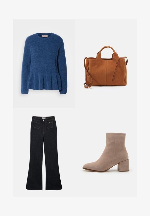 Blå strikket sweater med rund hals, lange ærmer og en udskåret kant. Fremstillet af blødt, tekstureret stof med et afslappet design.; Sorte denim jeans med høj talje, flared ben, to frontlommer og orange syninger. Materialet ser solidt og glat ud.; Beige ruskind ankelstøvle med spids tå og en chunky kvadratisk hæl. Overfladen er glat med en blød tekstur og minimal dekoration.; Brun ruskind tote taske med doble håndtag og en aftagelig skulderrem. Har et enkelt design og to lodrette syninger på forsiden.